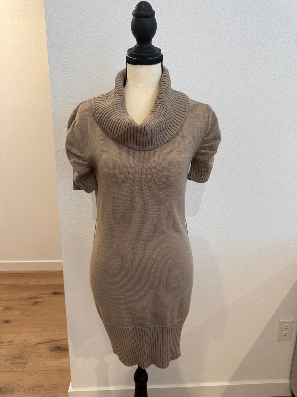 BCX Taupe Cowl Neck Short Sleeve Sweater Dress